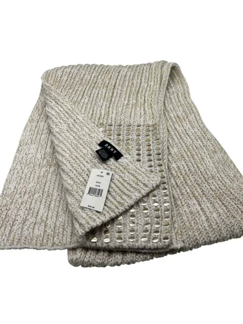 DKNY Flat-Stud Metallic Rib-Knit Scarf, Ivory/Gold